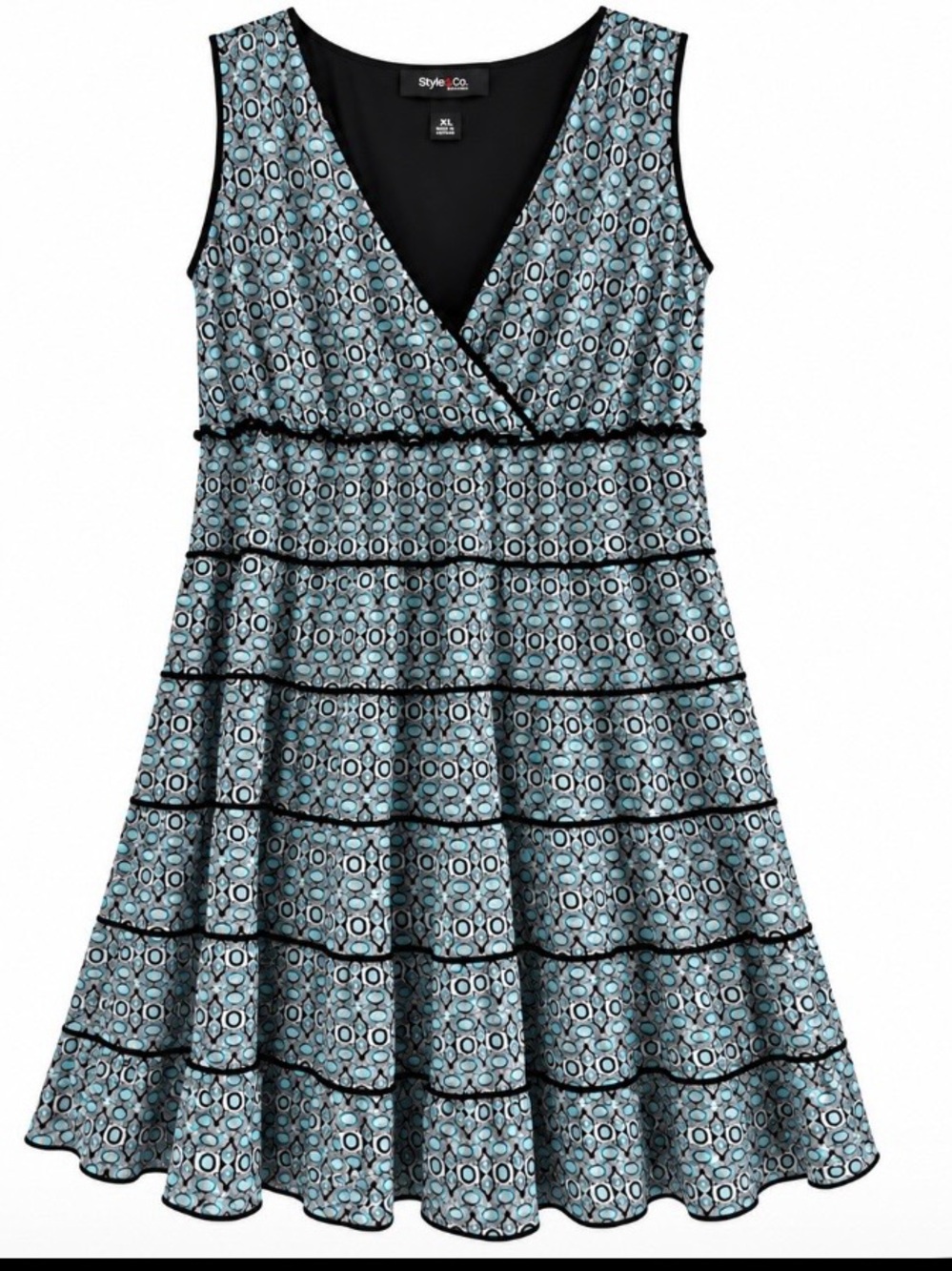 Style & Co. 3X Teal and Black Geometric V-Neck Tiered Dress